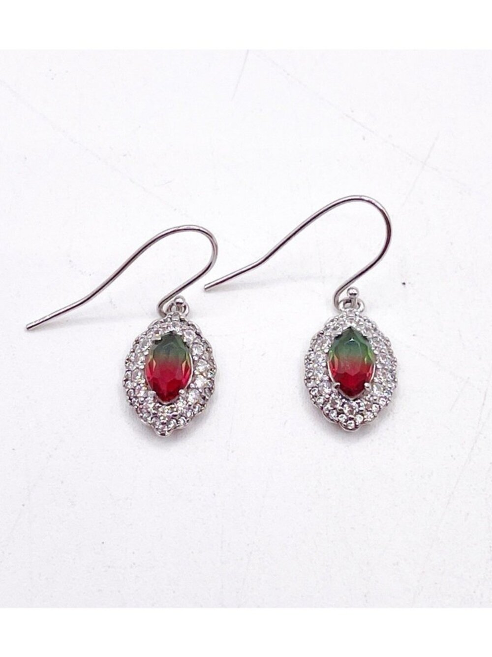 Silver Tone Watermelon Tourmaline Glass And Crystal Halo Dangle/Drop Earrings